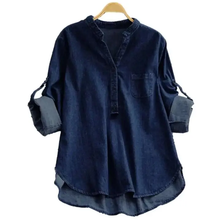 Blusa de cuello alto Blend, botones, cuello en V, camisa holgada, tops, ropa de calle para mujer - 1