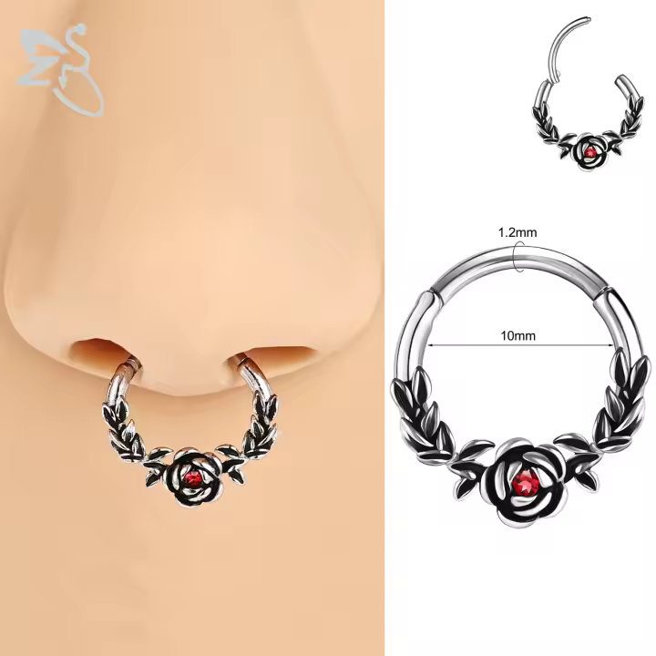 ZS 1 pieza de anillo de nariz de cristal rosa CZ para mujeres y niñas, Piercing de nariz de aro de acero inoxidable de 16G, joyería para Piercing de cartílago helicoidal de 10MM - 1