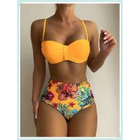 Conjunto de bikini bandeau liso, estampado tropical sexy, traje de baño mejorado para mujer, traje de baño de cintura alta con encaje en la espalda, ropa de playa - details 13