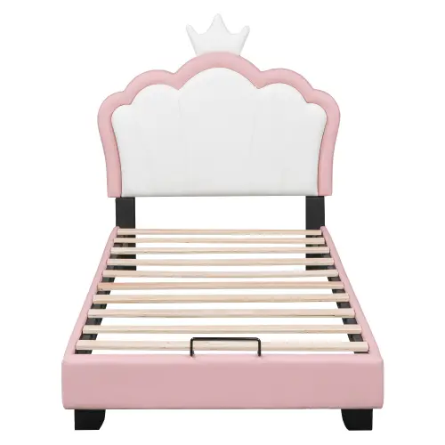 Marco de Cama para Niños 90*200cm con Base de Rebanado y Almohadilla Diseño de Corona Rosa - 1