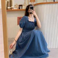 Vestido de verano para mujer, fruncido plisado, cuello cuadrado, manga corta, manga de burbuja, vestido de mujer de Color sólido, vestido Midi con dobladillo suelto - details 7