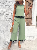 Conjuntos de verano sin mangas para mujer, trajes de 2 piezas, Tops con pantalones, Verde S - details 3