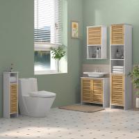 Moderna Armario Alto de Baño con Estantes Ajustables y Puerta de Bambú Anti-vuelco 35x30x170 cm Blanco y Natural - details 1