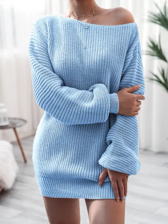 Suéter suelto de manga larga con cuello inclinado para mujer, mini vestido de punto informal, color sólido, otoño e invierno - 1