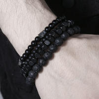Juego de 4 Uds. De pulseras de cuentas de madera de piedra volcánica de piedra negra, pulsera elástica combinada para hombre, joyería para parejas y amigos - details 3