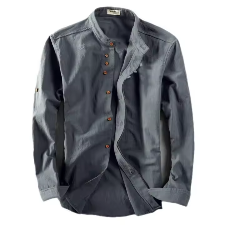 Camisa De Manga Larga Para Hombres, Camisa De Lino Informal De Otoño, Estilo Retro Chino, Cuello Delgado, Abrigo Para Hombres - 1