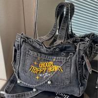1 bolso de mano de lona Y2K, color gris oscuro con cadena y bordado, ligero y plegable, cierre de cremallera, forro de poliéster, correa de hombro ajustable, bolso escolar cruzado de gran capacidad - details 3