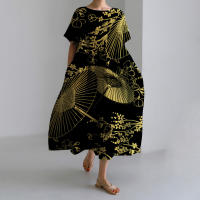 Novedad de verano, vestido elegante Vintage estampado de manga corta con cuello redondo, vestidos largos informales holgados con bolsillos y temperamento - details 6