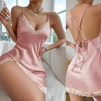 Camisón sexy de imitación simple para mujer, ropa de dormir fina de verano, pijamas de seda helada, vestido de tirantes informal transpirable - details 3