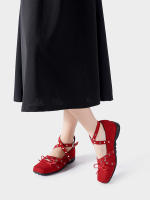 Arco rojo solo zapatos de las mujeres francés retro pequeños zapatos de cuero nuevo remache hebilla de cinturón pisos de ballet - details 13
