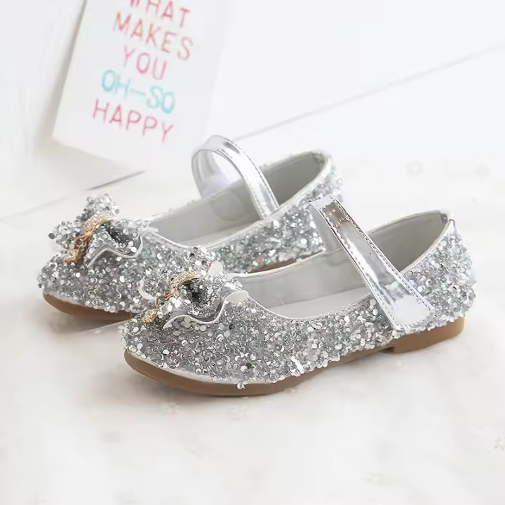 Zapatos planos con lentejuelas y diamantes de imitación para niña, zapatillas princ con lazo para estudiantes, productos de otoño - 1