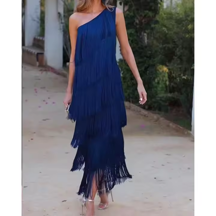 Vestido de mujer，Vestido de noche asimétrico sin mangas de cuello Diagonal de fiesta sin mangas - 1