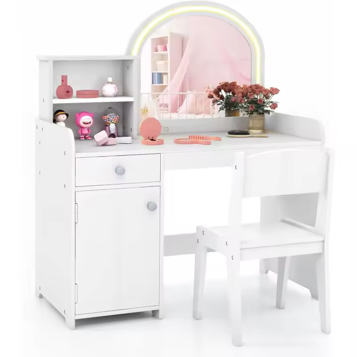 Tocador de Niña con Luces LED de 2 Colores, Set de Mesa de Tocador y Silla para Niños, Juego de Maquillaje con Estantes, Cajón y Armario, Espejo de Acrílico y Peine (Blanco) - 1