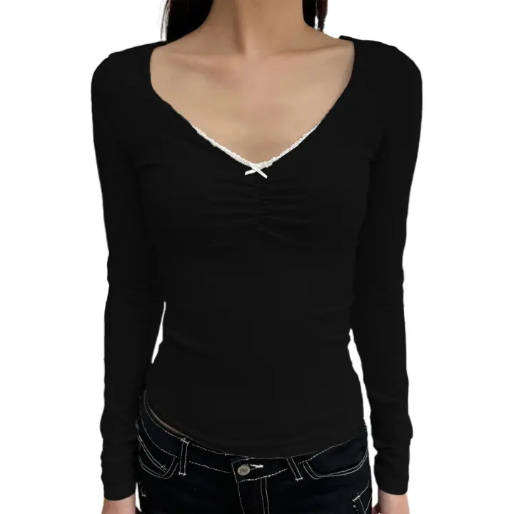 Y2k-Tops cortos de estilo coreano para mujer, blusa Retro de los años 2000, camisetas básicas ajustadas informales, camiseta Vintage con cuello en V, cabaña de hadas Grunge - 1