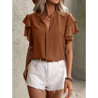 Jersey Elegante De Color Rojo Rosa Para Mujer, Blusa Informal Con Cuello En V Y Mangas Con Volantes De Doble Capa, Top De Color Sólido - details 6