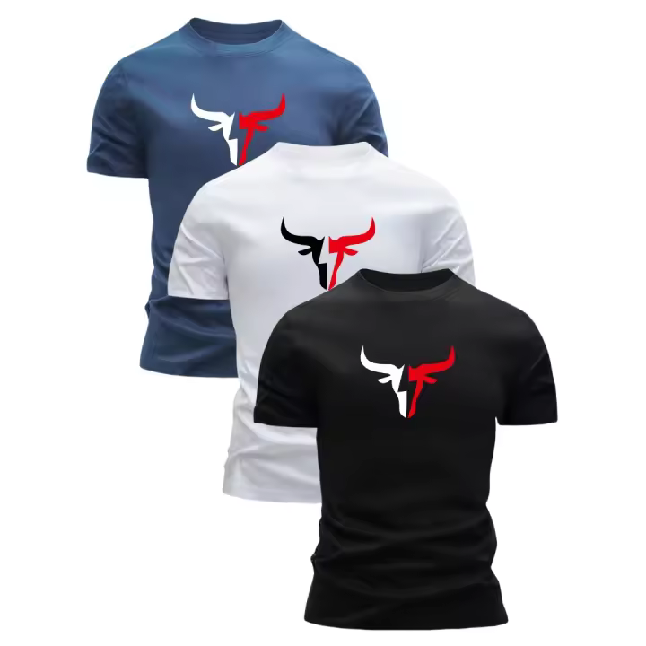 3 camisetas gráficas de algodón 100% para hombre, estampado de cabeza de toro y letras, camisetas ajustadas de manga corta con cuello redondo para uso informal de verano, transpirables y lavables a máquina, comodidad diaria |   Tela duradera - 1