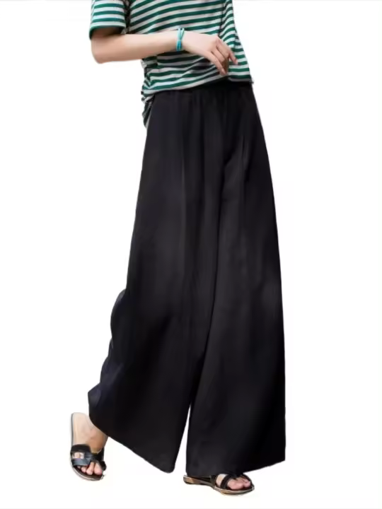 Pantalones de pierna ancha sueltos con cintura elástica de lino para mujer moda coreana informal 2025 - 1