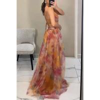 Vestido largo sexi con cuello en V para mujer, ropa de fiesta calada, ropa de verano con estampado a la moda, sin mangas - details 3
