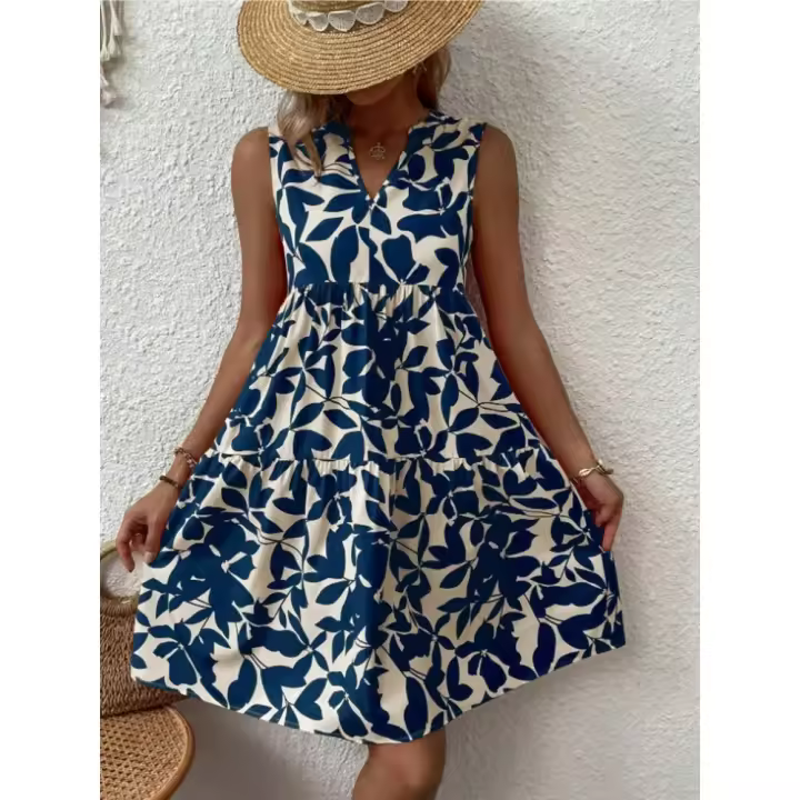 Mini vestido con estampado de señoras, vestido sin mangas elegante con borde de volantes con cuello en V, vestido sin mangas suelto informal de fiesta en la playa de gran tamaño - 1