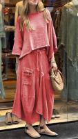 Conjunto informal de 2 piezas para mujer, ribete elegante con cuello redondo, top suelto, conjuntos de falda de encaje irregular, otoño - details 11