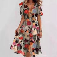 Vestido largo hasta la rodilla estampado elegante y a la moda para mujer, novedad de 2025, vestido holgado informal con cuello en V, nuevo estampado Floral, bata para mujer - details 7