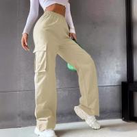 Pantalones cargo rectos a la moda para mujer, pantalones informales con cintura elástica para mujer - details 3