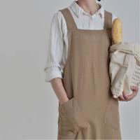 Delantal de cocina de estilo japonés Simple, vestido largo con espalda cruzada, Color sólido con bolsillos, delantal de lino y algodón para hornear - details 14