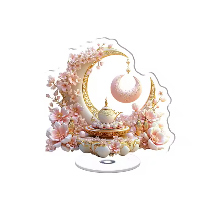 Exhibición acrílica giratoria con vibrantes alimentos de mesa de Ramadán de color rosa y dorado con suaves flores de luna sobre un fondo blanco brillante - 1