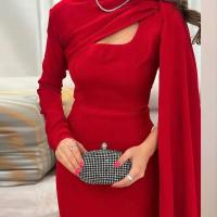 Vestido de noche elegante para mujer, cuello redondo, manga larga, retales, cintura alta, ajustado, a la moda, liso, a la cadera, primavera 2025 - details 5