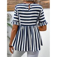 Nuevo Vestido camisero de verano para mujer, cuello redondo, manga con volantes, holgado, cómodo, a rayas - details 1