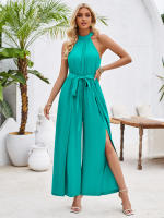 Mono pantalon mujer pierna ancha  Color puro Casual Sexy y elegante Collar COLGANTE Mono plisado - details 10