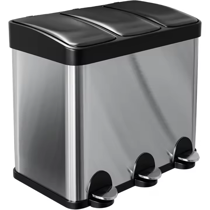 60 x 37 x 49 cm Caixote de lixo triplo com pedais de 45 litros Compartimentos removíveis de 15 litros - balde de reciclagem para cozinha, aço inoxidável prateado - 1