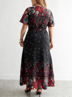 Vestido Largo De Verano Para Mujer plus Size Estilo Casual Con Estampado Floral Negro Y Manga Corta Vuelta En El Cuello A-Line - details 5