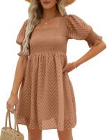 Vestido de verano de las mujeres 2023 Casual Flowy Beach Cuello cuadrado Linterna Manga corta Plisado Una línea Vestido Tie Mini vestido - details 8