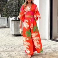 Conjunto informal de moda para mujer, Top corto con manga acampanada y cuello en V, pantalones de pierna ancha de cintura alta, primavera/verano - details 6