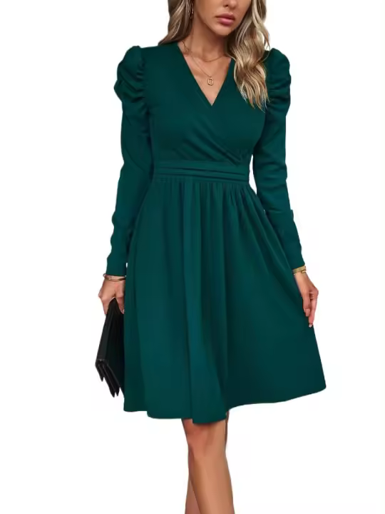 Elegante V-cuello Vestido para Mujer Color Sólido de Alta Calidad Estilo Retro Casual Moda Femenina - 1
