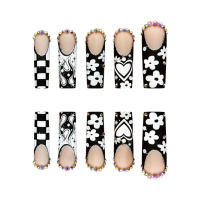 Uñas postizas estrelladas en blanco y negro, patrones únicos de tablero de control, extensión de uñas para uñas, bricolaje en casa - details 3