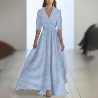 2025 Nueva ropa de mujer, vestido largo estampado con cuello con cuentas, azul - details 19