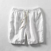 Pantalones cortos de lino para hombres Rayados de verano, transpirables, ajuste suelto y apretado con cordones Ideales para la playa - details 3