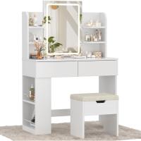 Ajustable, Mesa de Maquillaje con Espejo, con 2 Cajones Grandes y 4 Estantes Abiertos y Taquilla - details 3