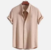 Camisa de manga corta a rayas Vtical para hombre con cuello alto, Top holgado informal de gran tamaño a la moda para playa, Color sólido, - details 1