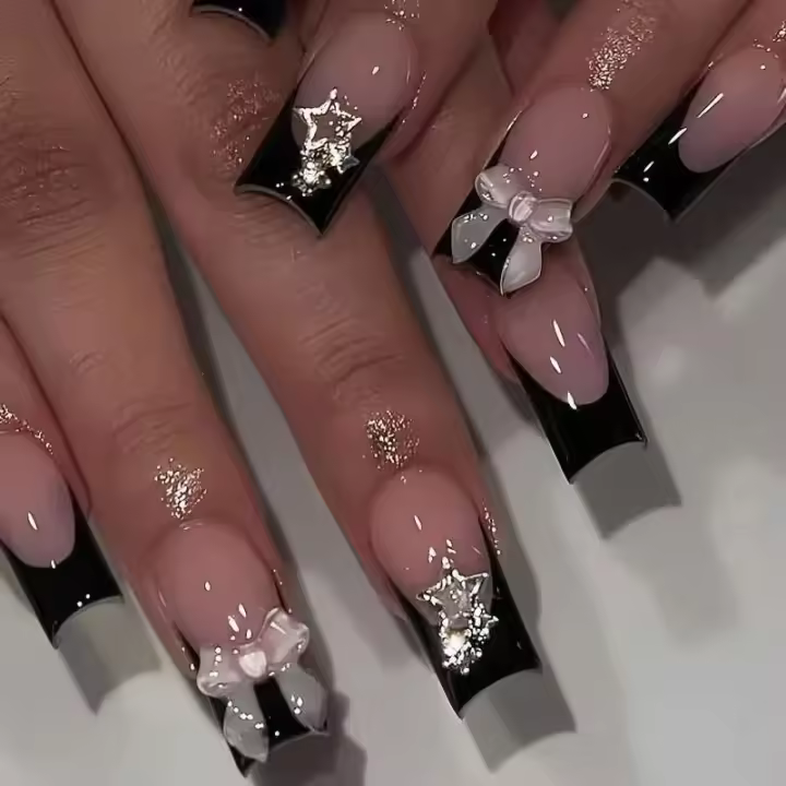 Uñas de Bailarina Francesa en 3D de Mariposa Cubierta Completa de Punta de Acrílico, 24 Piezas, Diseño Corto de Caja de Coffin - 1
