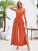 Mono pantalon mujer pierna ancha  Color puro Casual Sexy y elegante Collar COLGANTE Mono plisado - details 7