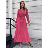 Vestido largo casual con cuello en V Murder de pliegues y encaje para damas 2025 - details 2
