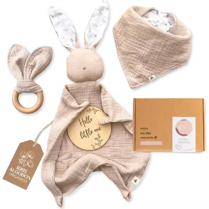 Pack de Regalos para Bebés Recién Nacidos Doudou Muselina, Babero Bandana, Mordedor, Tarjeta - 1