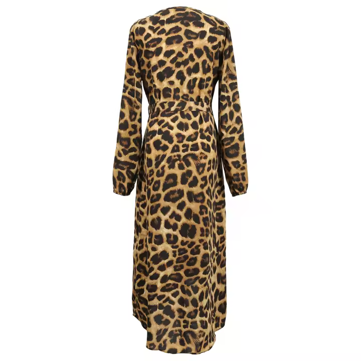 sual Vestido de manga larga con estampado de leopardo con cuello en V, dobladillo con volantes, perfecto para la playa, vacaciones, noches en discotecas - 1