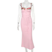 Vestido largo Floral sin mangas con espalda descubierta para mujer, traje Sexy de vendaje con cordones, ajustado para fiesta - details 5