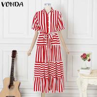 Vestido de mujer 2025, vestido veraniego a rayas bohemio, Vestidos con volantes de verano, VONDA, informal, holgado, con cuello de solapa, estampado, bata con cinturón de gran tamaño - details 6