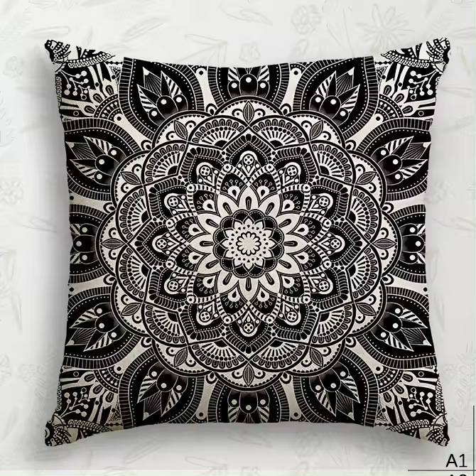 Funda de Almohada Mandala de Negro y Blanco Impresión de Una Sola Cara Material de Poliéster - 1