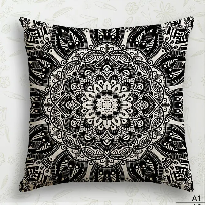 Funda de Almohada Mandala de Negro y Blanco Impresión de Una Sola Cara Material de Poliéster - 1